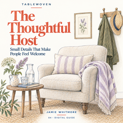 Illustrated cover of The Thoughtful Host, with an armchair and a lilac throw.