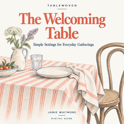 Illustrated cover of The Welcoming Table, a coral table scene set for a meal.