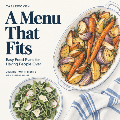 Illustrated cover of A Menu That Fits, with asymmetrical dishes and cornflower detail.