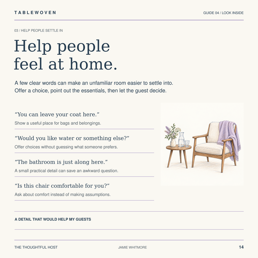 Sample interior page from The Thoughtful Host, about helping people settle in.